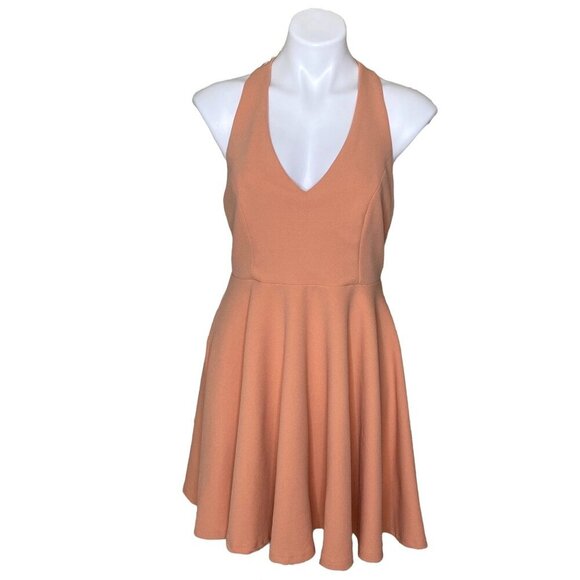 Lulus Peach Lawson Skater Dress With Deep V-Neckline & Open Back Design Size L - Picture 3 of 12